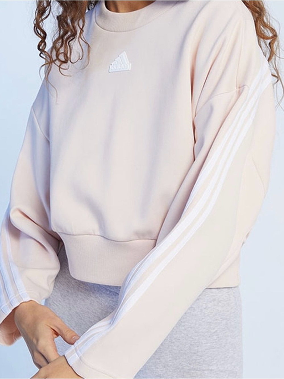 adidas Blush Pink Cropped Crew Sweatshirt with White Stripes